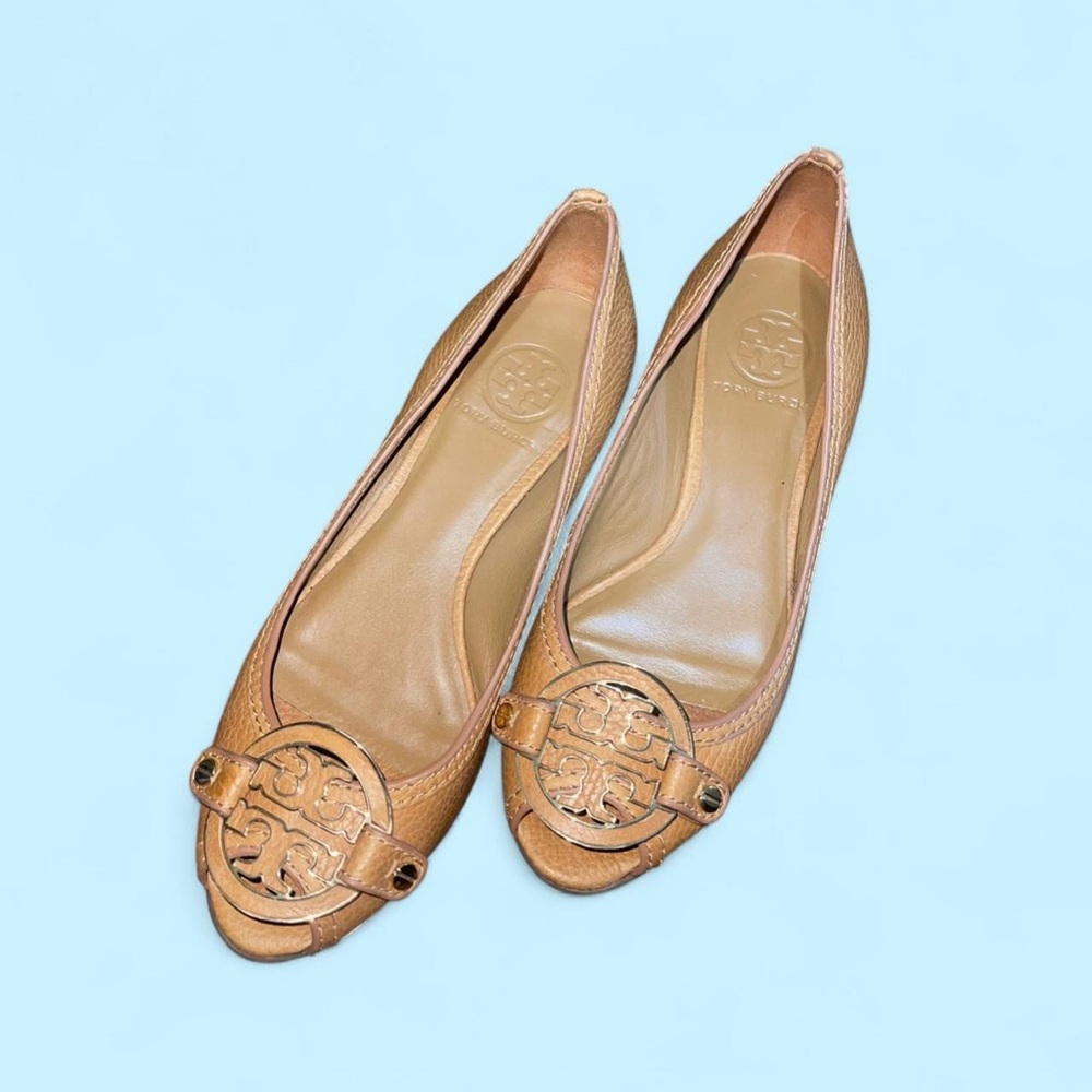 Tory Burch Amanda Open-Toe Demi-Wedge Pumps Royal Tan Leather Sz 6.5